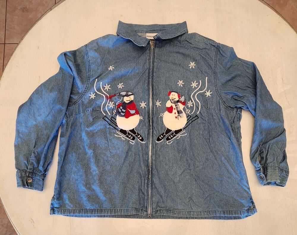 Fashion Bug Christmas Holiday Snowman Denim Full Zip Shirt Jacket SZ 22-24W